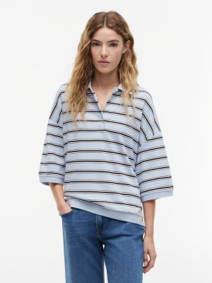 Oversized Fit Striped Polo, Breeze Blue / Black Stripe