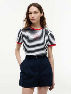 Nautical Script Monogram Ringer T-Shirt, Navy Blue / Ecru Stripe