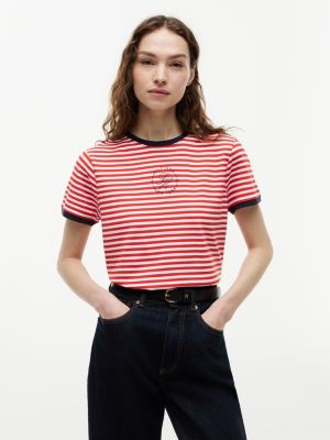 Nautical Script Monogram Ringer T-Shirt, Fire Red / Ecru Stripe