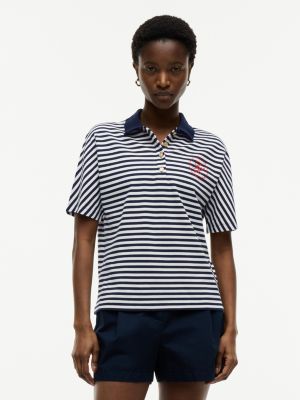 Regular Fit Gold-Button Pique Polo, Navy Blue / Ecru Stripe