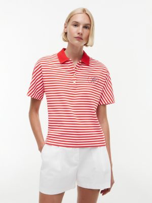 Regular Fit Gold-Button Pique Polo, Fire Red / Ecru Stripe