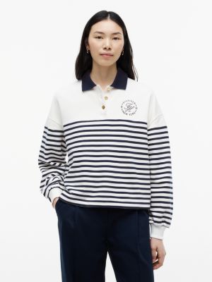 Nautical Breton Stripe Polo Sweatshirt, Ecru / Navy Blue Stripe