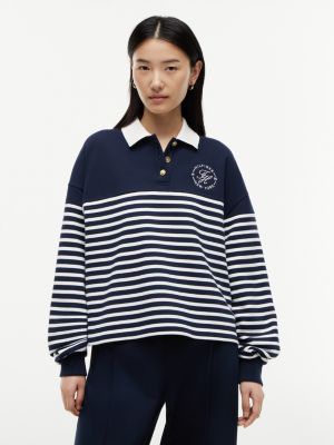 Nautical Breton Stripe Polo Sweatshirt, Ecru / Navy Blue Stripe