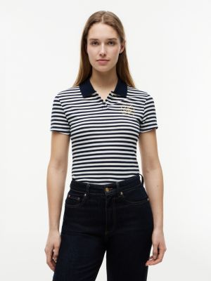Slim Fit Metallic Script Monogram Polo, Navy Blue / Ecru Stripe