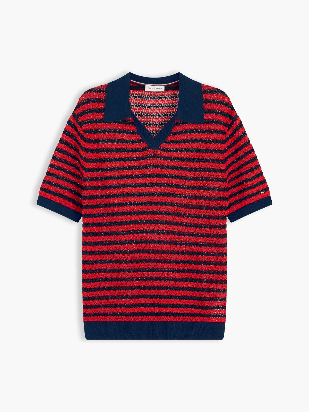 Striped Pointelle Sweater Polo — Navy Blue / Fire Red