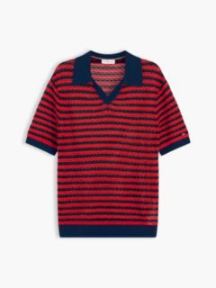 Striped Pointelle Sweater Polo — Navy Blue / Fire Red 5