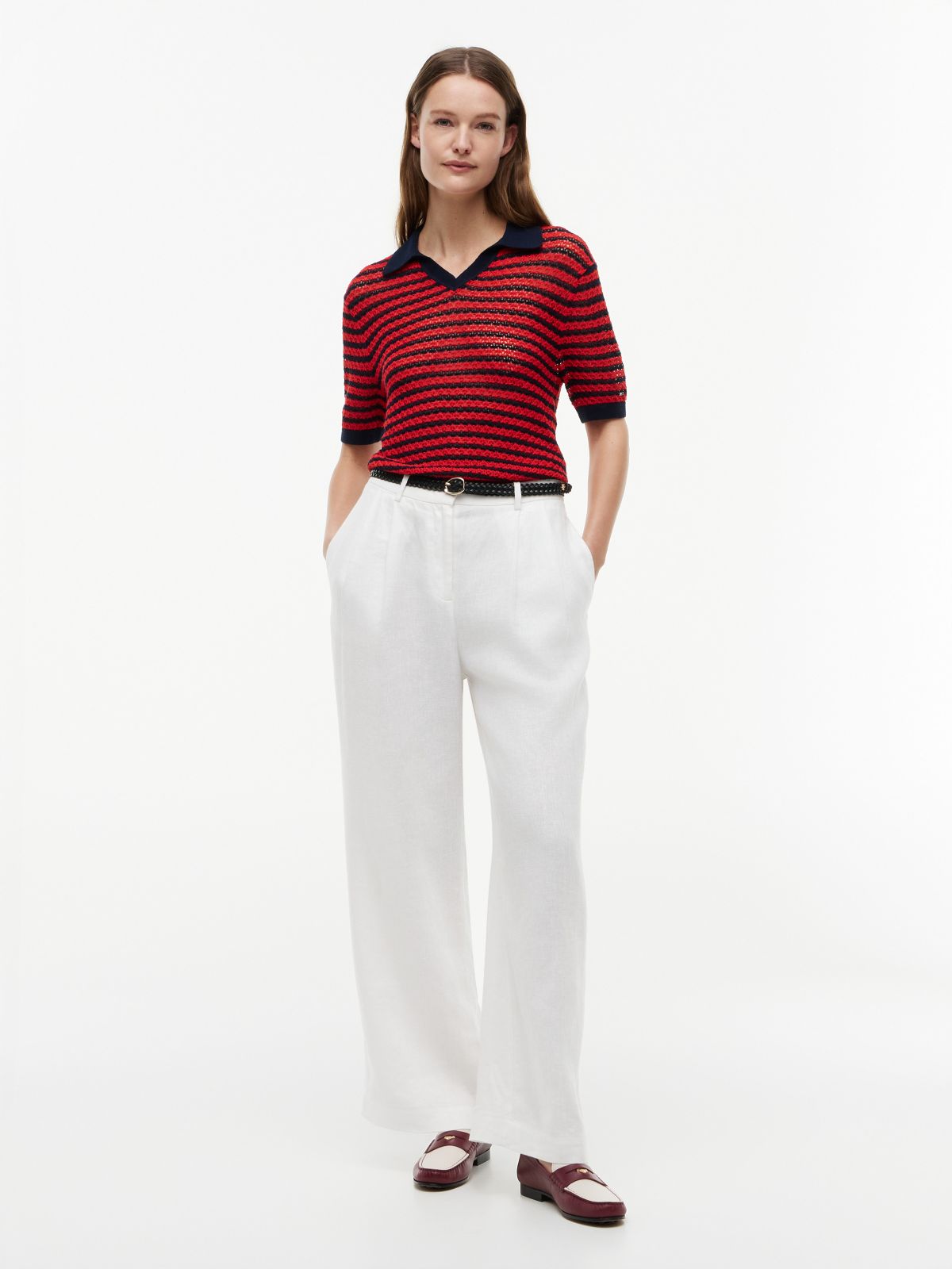 Striped Pointelle Sweater Polo — Navy Blue / Fire Red