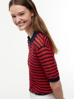 Striped Pointelle Sweater Polo — Navy Blue / Fire Red 3