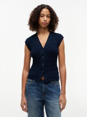 Cable Knit Cardigan Vest, Dark Night Navy
