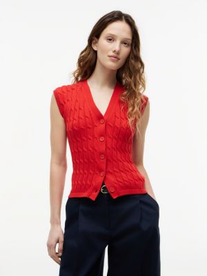 Cable Knit Cardigan Vest, Fire Red