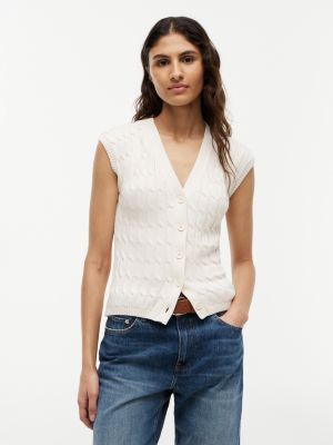 Cable Knit Cardigan Vest, Ivory Petal