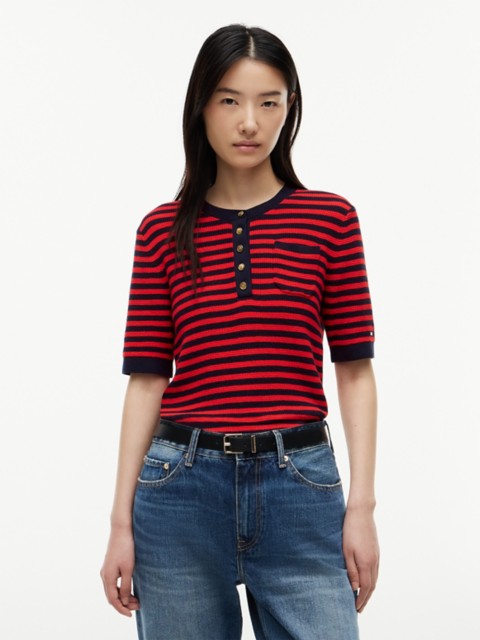 Женские свитеры Tommy Hilfiger Gold-Button Striped Henley Sweater