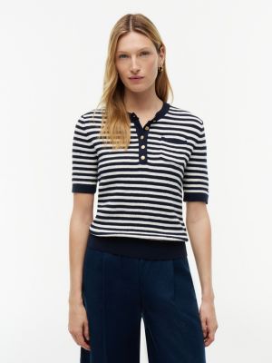 Gold-Button Striped Henley Sweater, Navy Blue / Ivory Stripe
