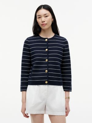Boxy Fit Gold-Button Striped Cardigan, Navy Blue / Ivory Stripe