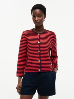 Boxy Fit Gold-Button Striped Cardigan, Navy Blue / Fire Red