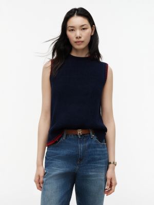 Relaxed Fit Contrast Stitch Sweater Vest, Dark Night Navy
