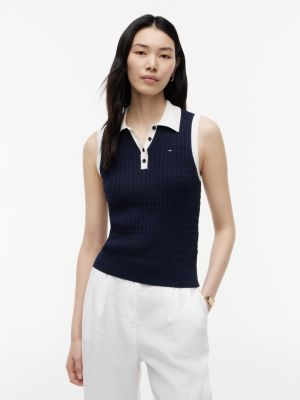 Sleeveless Cable Knit Sweater Polo, Navy