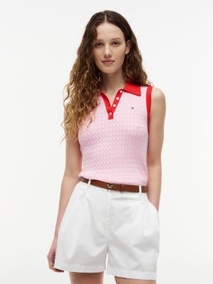 Sleeveless Cable Knit Sweater Polo, Classic Pink