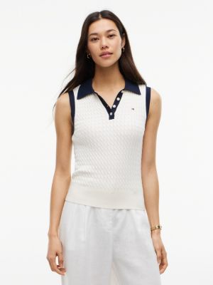Sleeveless Cable Knit Sweater Polo, Ivory Petal