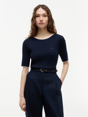 Cable Knit Boatneck Sweater, Navy