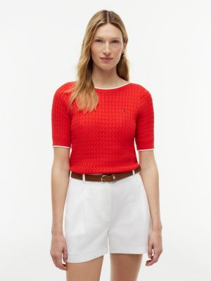 Cable Knit Boatneck Sweater, Fire Red