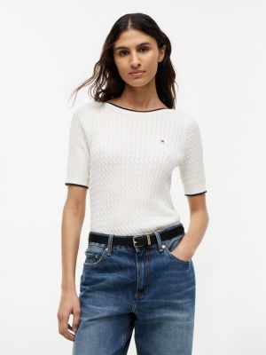 Cable Knit Boatneck Sweater, Ivory Petal