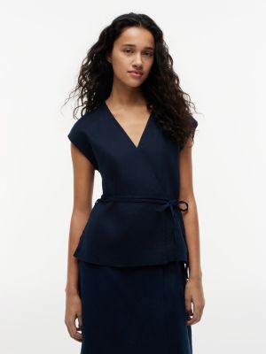 Sleeveless Linen-Blend Wrap Top, Dark Night Navy