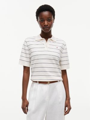 Short-Sleeve Striped Sweater Polo, Navy Blue / Ivory Stripe