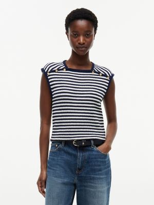 Sleeveless Gold-Button Striped Sweater, Navy Blue / Ivory Stripe