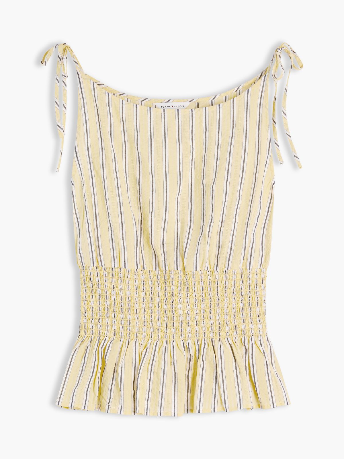 Cotton-Blend Shirred Seersucker Tank Top — Stripe Citronella