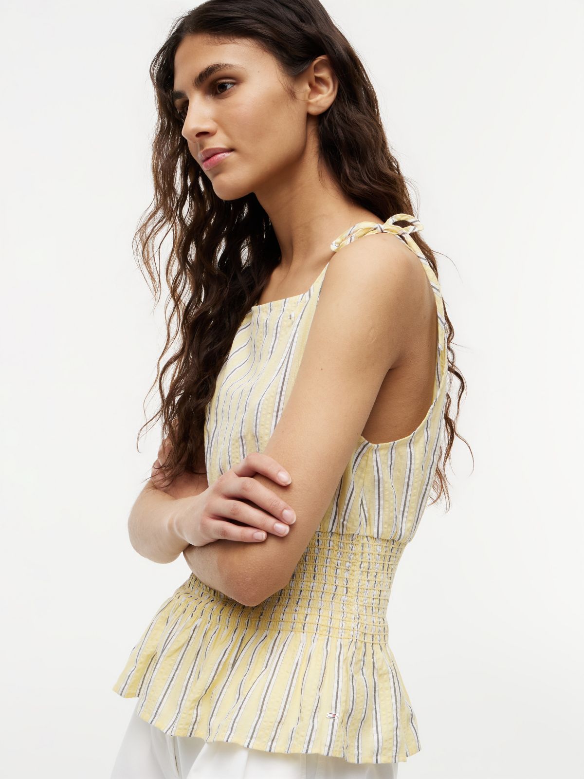 Cotton-Blend Shirred Seersucker Tank Top — Stripe Citronella