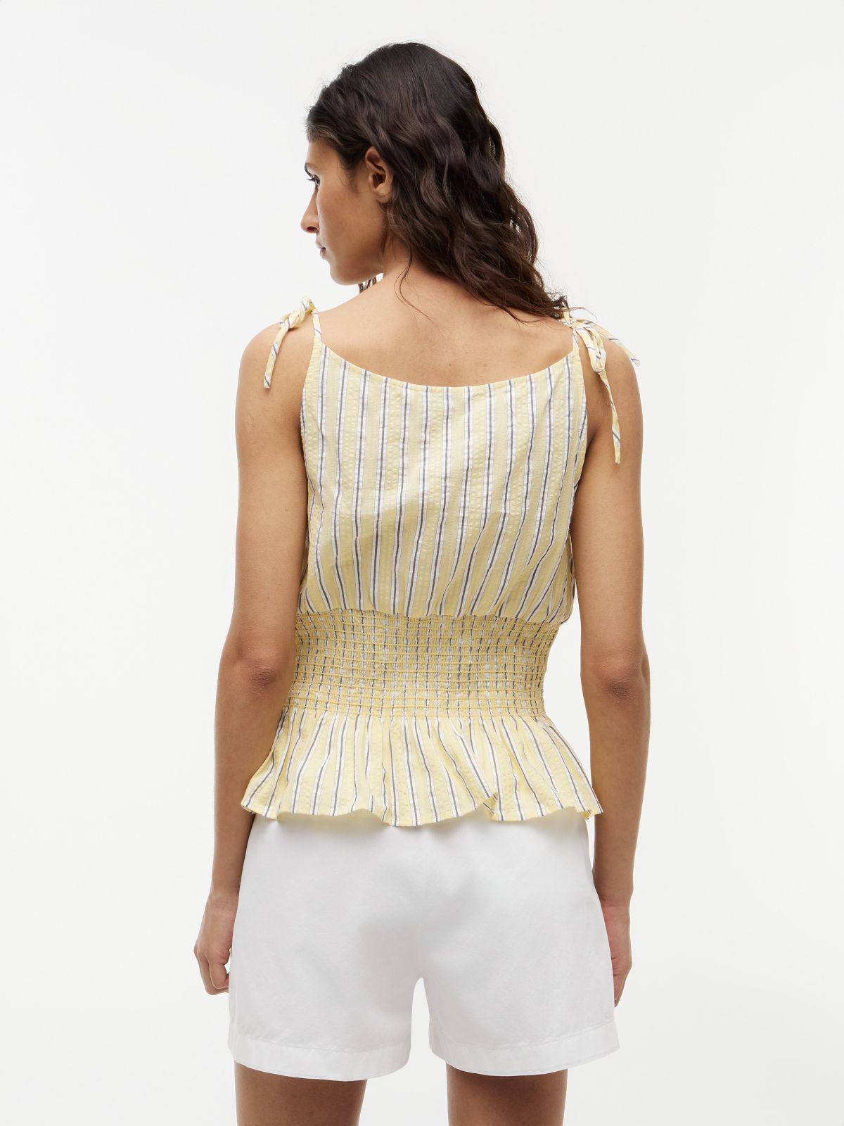 Cotton-Blend Shirred Seersucker Tank Top — Stripe Citronella