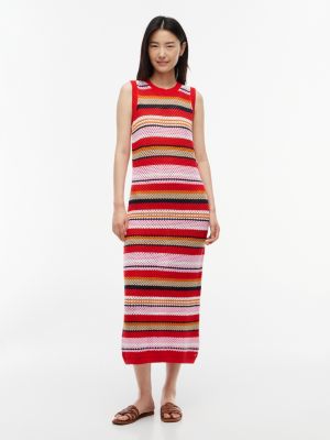Sleeveless Striped Crochet Midi Dress, Multi Red Stripe