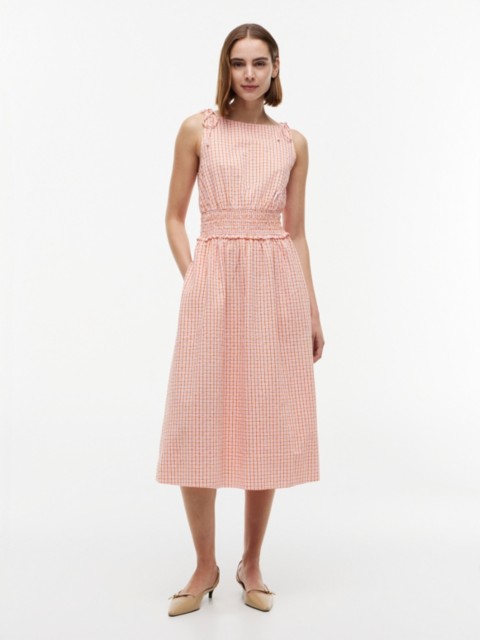 Tommy Hilfiger Shirred Gingham Seersucker Midi Dress