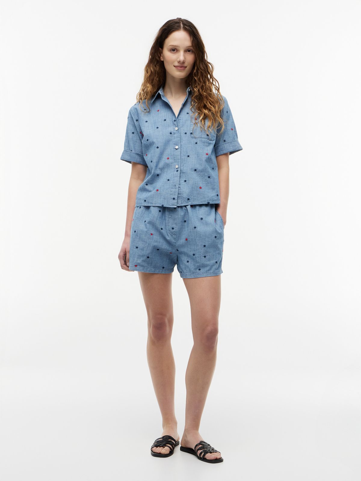Allover Star-Embroidered Chambray Shirt — Chambray Stars