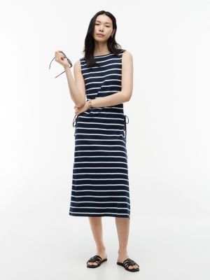 Sleeveless Side-Tie Boatneck Midi Dress, Classic Navy Stripe
