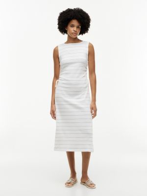 Sleeveless Side-Tie Boatneck Midi Dress, Navy Blue / Ecru Stripe