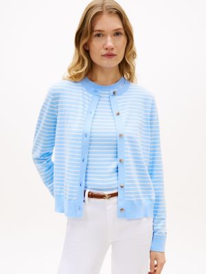 Crewneck Cardigan, Vessel Blue / Ecru Stripe