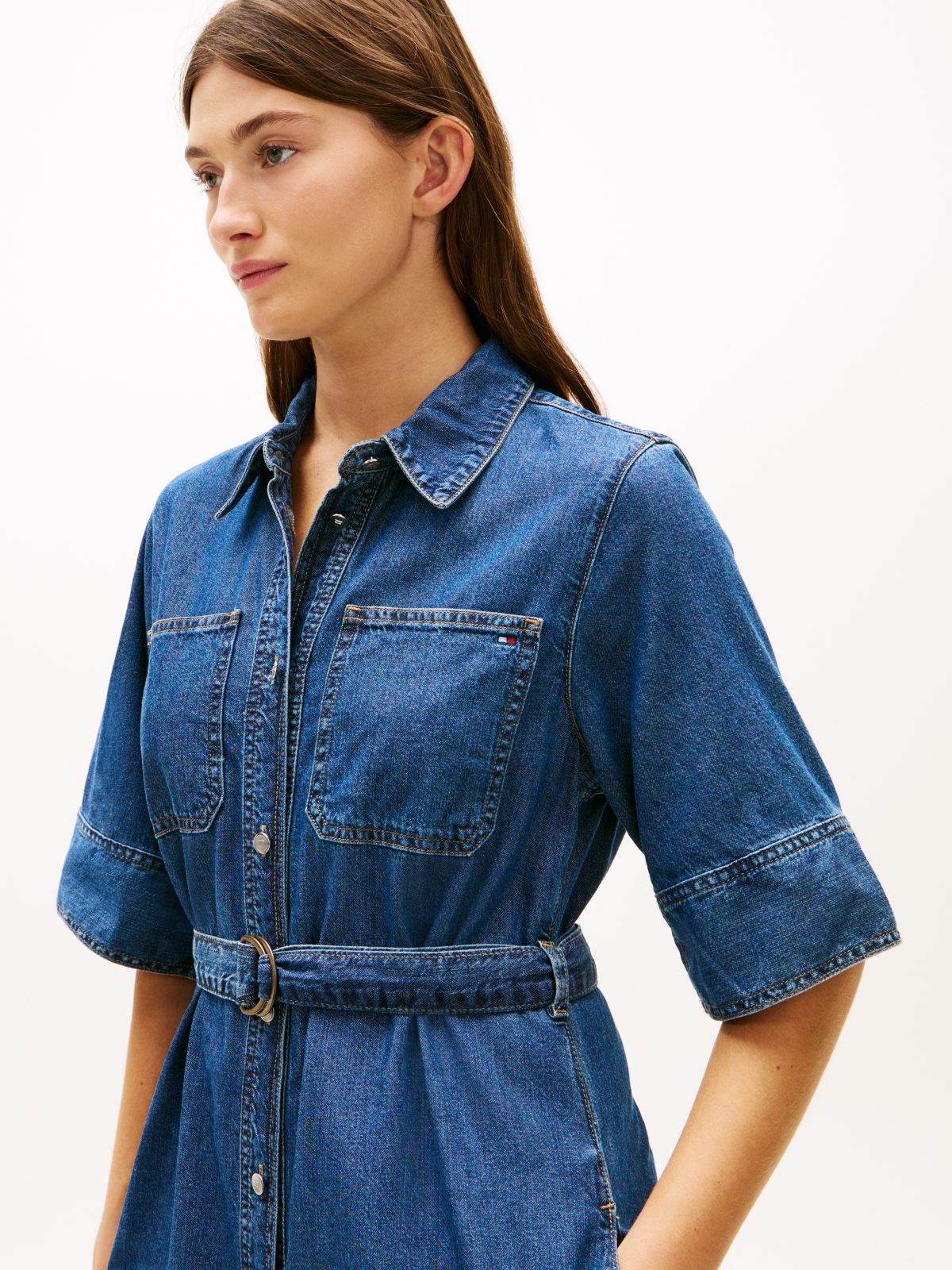 Belted Denim Midi Dress — Washed Denim