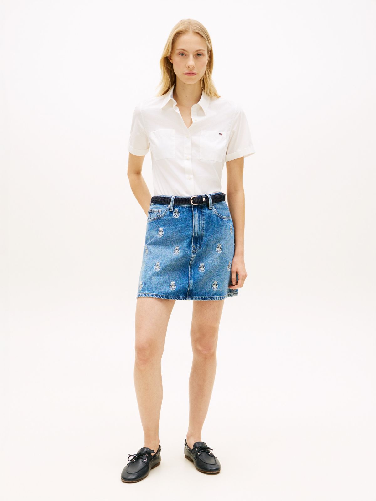Allover Crest High-Rise Denim Mini Skirt — Denim Crest