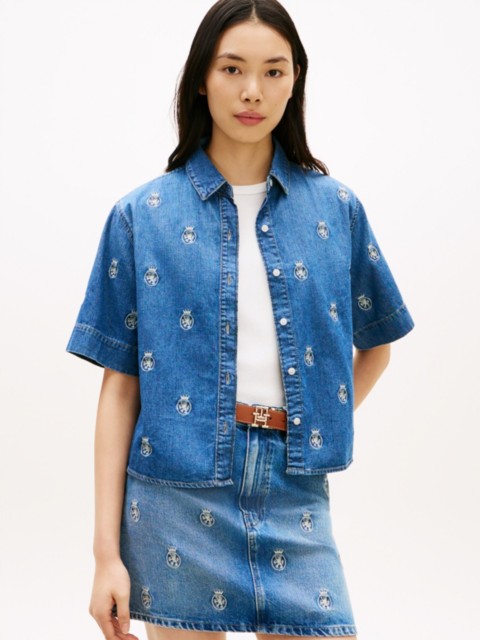 Женские рубашки Tommy Hilfiger Relaxed Fit Allover Crest Denim Shirt