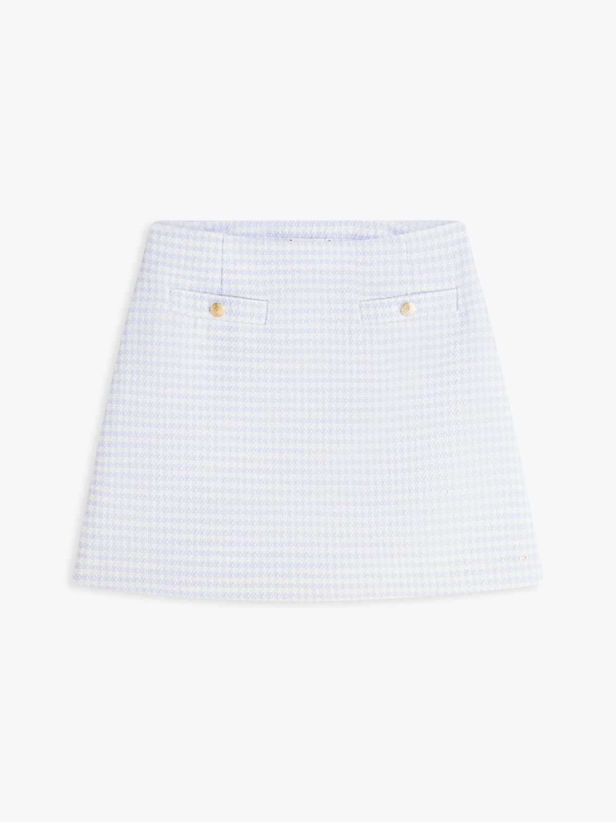 Gold-Button Tweed Mini Skirt — Breezy Blue