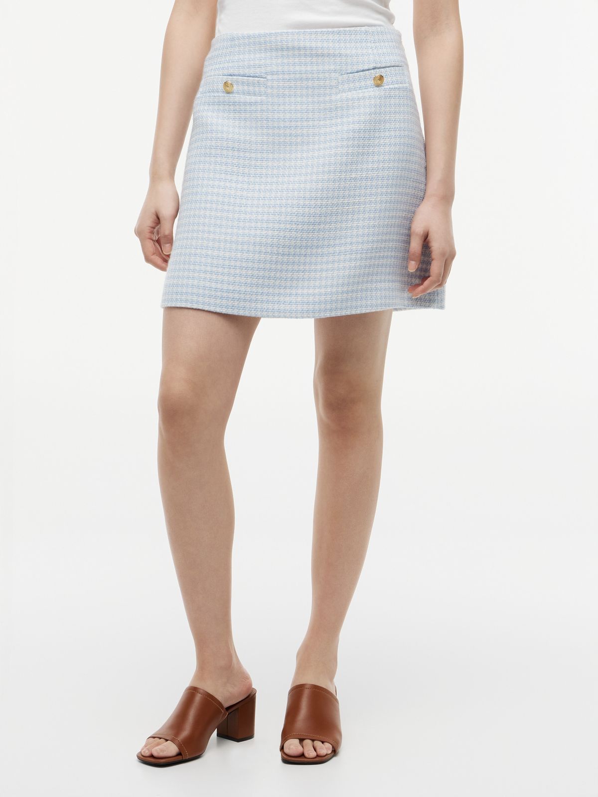 Gold-Button Tweed Mini Skirt — Breezy Blue