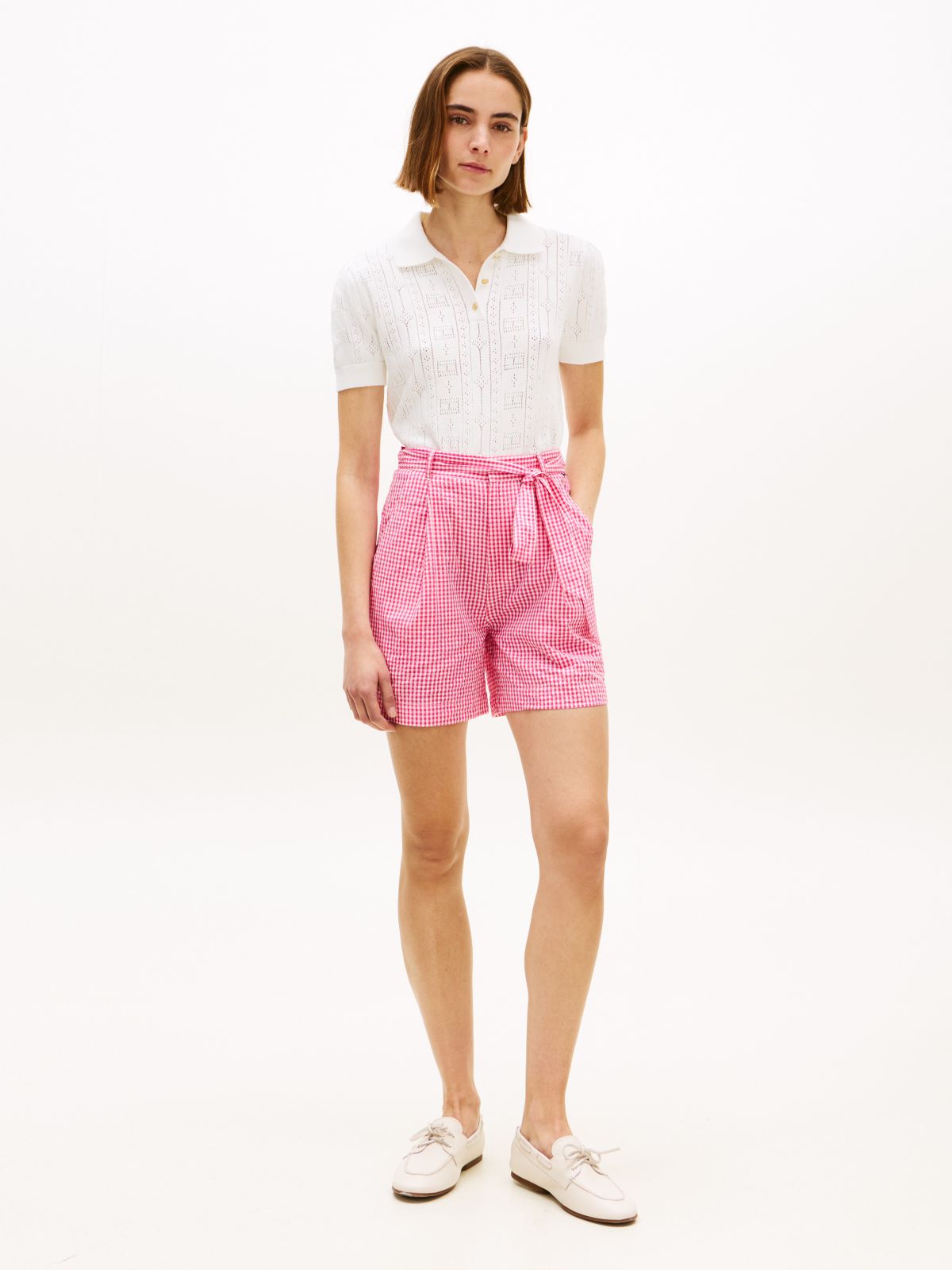 Belted Gingham Seersucker Short — Pink Perfection / Ecru Gingham