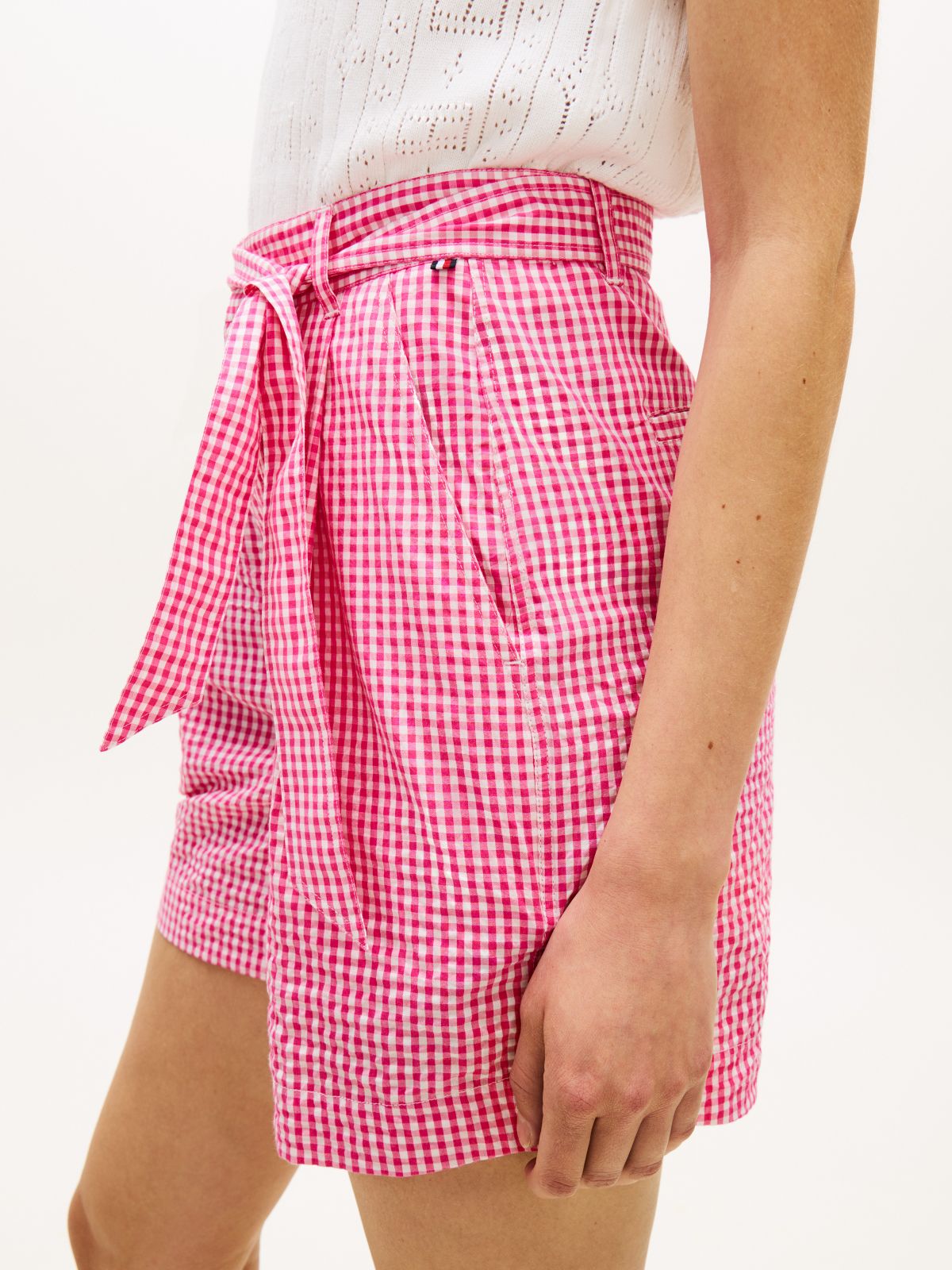 Belted Gingham Seersucker Short — Pink Perfection / Ecru Gingham