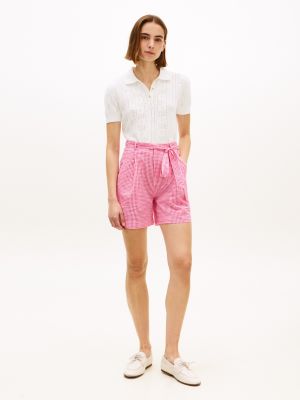 Belted Gingham Seersucker Short, Pink Perfection / Ecru Gingham