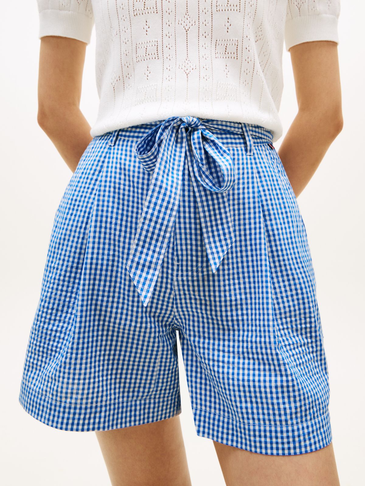 Belted Gingham Seersucker Short — Blue Orbit / Ecru Gingham