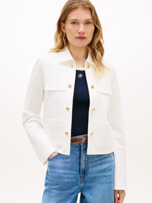 Gold-Button Ponte Multi-Pocket Jacket, Ecru