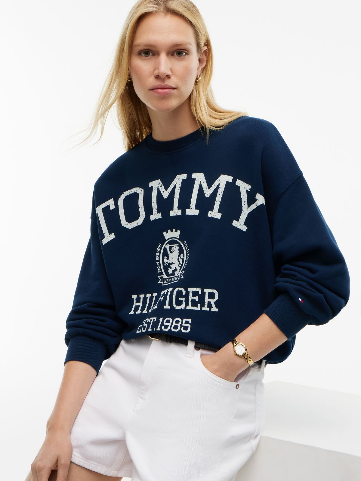 Drawcord Varsity Crest Logo Sweatshirt — Navy