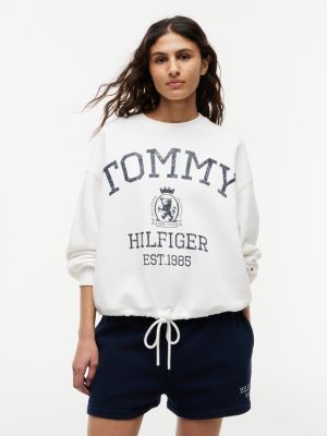 Drawcord Varsity Crest Logo Sweatshirt, Ecru